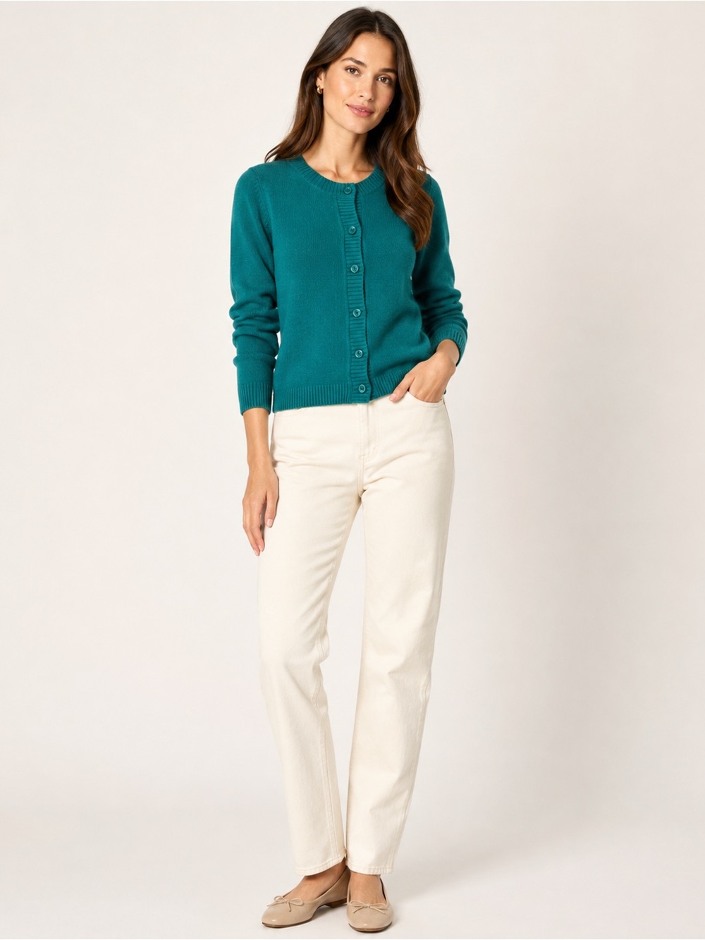 Como Boca Women’s XS Teal 100% Cashmere Button-Front Crewneck Cardigan CN2